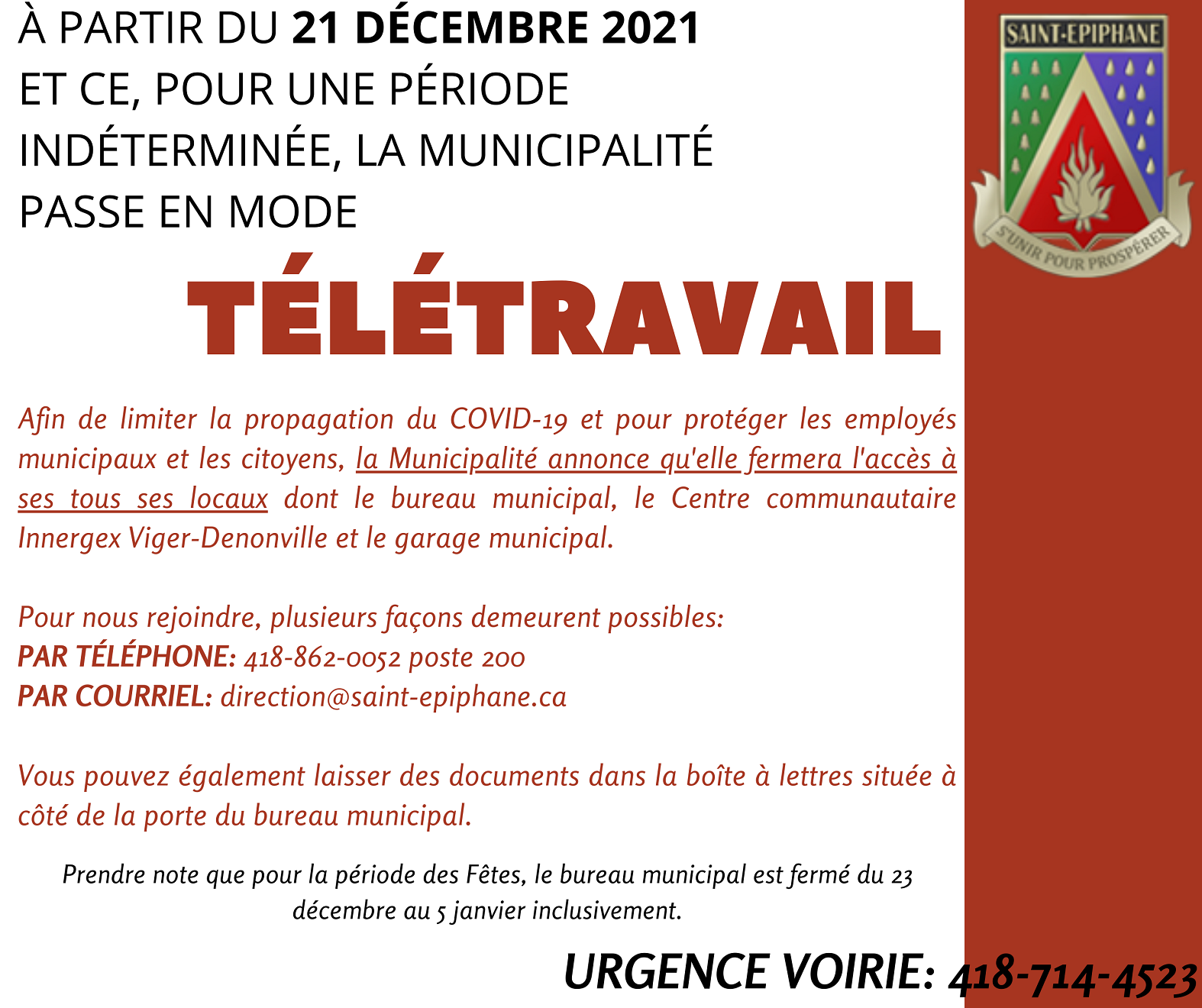 Avis public - La Municipalité passe en mode télétravail à compter du 21 décembre 2021 (Auteur : Direction générale )